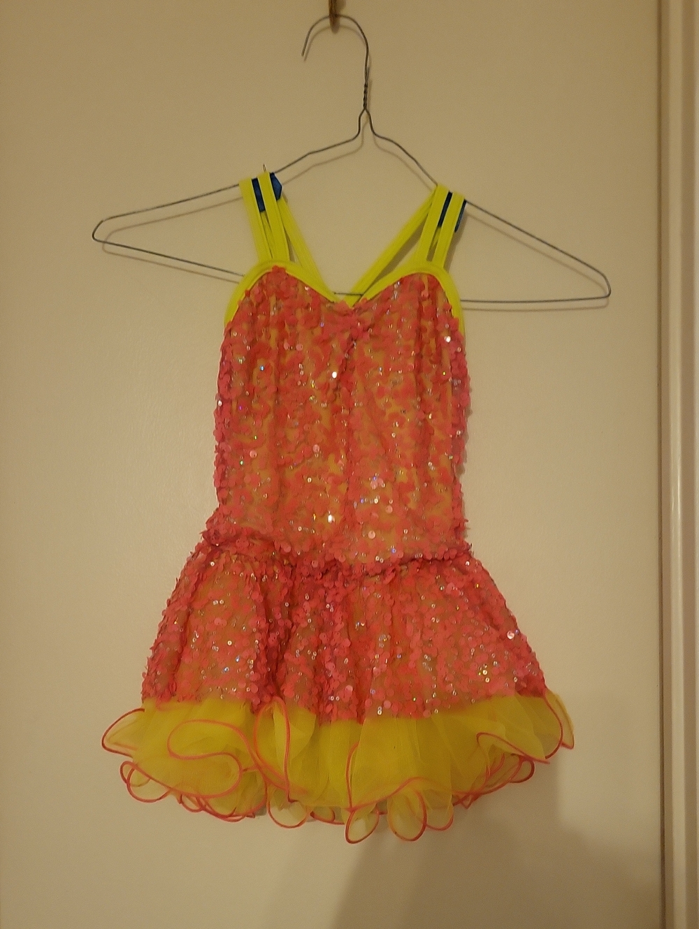 Girls Neon Yellow and Coral Sequin Dance Costume